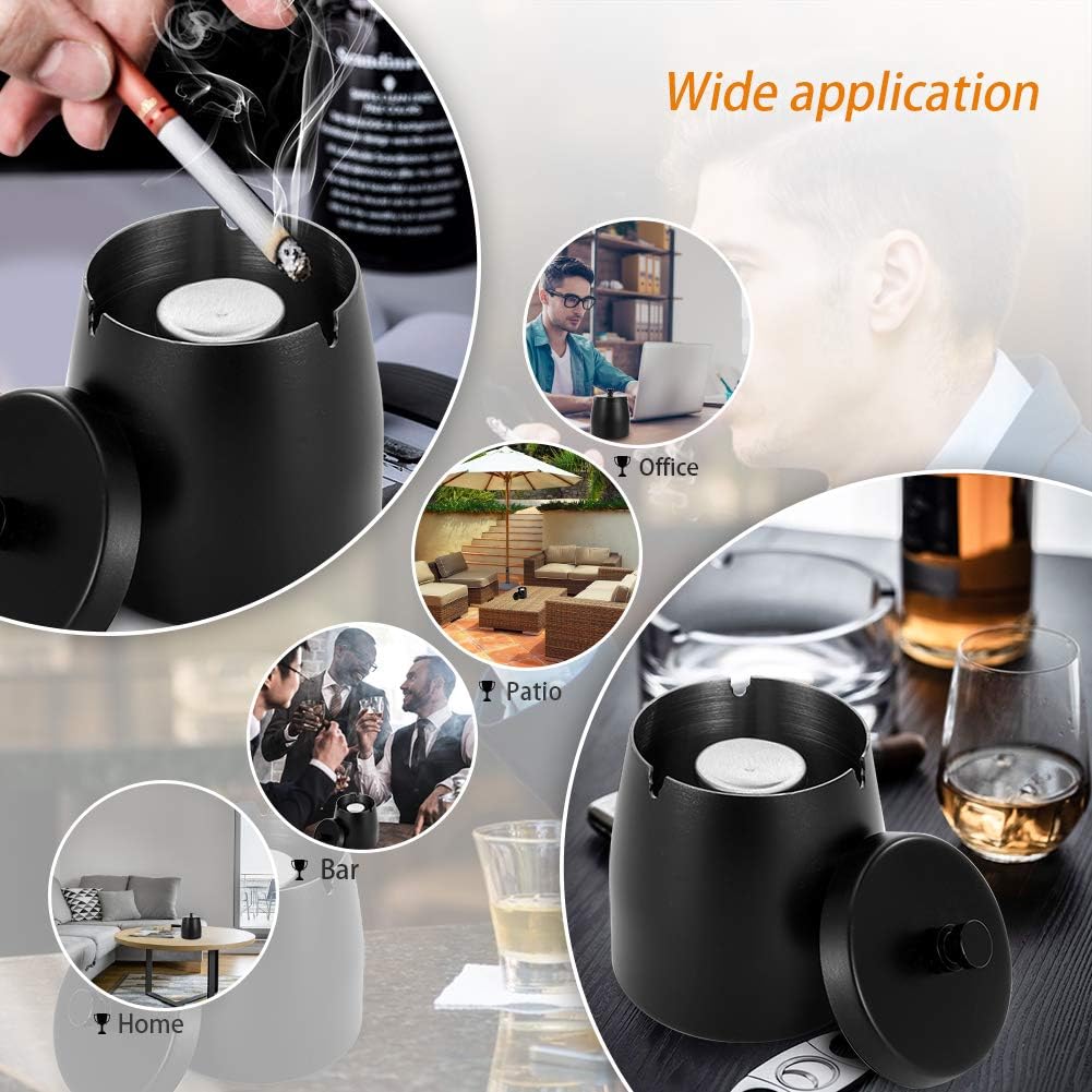 Large Outdoor Cigarette Ashtray with Lid, Smokeless Stainless Steel Ash Trays, Covered Windproof Smell Proof Ashtrays
