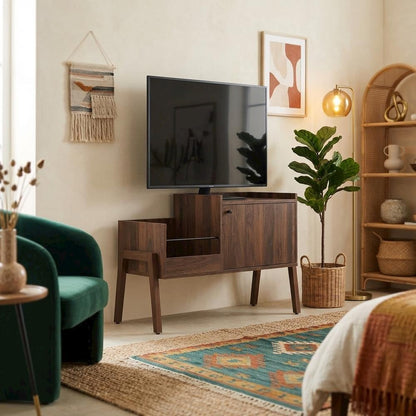 Furnifact Walnut Luna Record Player Cabinet with Vinyl Storage, Durable Wood Construction, Modern Design, Compact Size, Perfect for Living Room or Studio