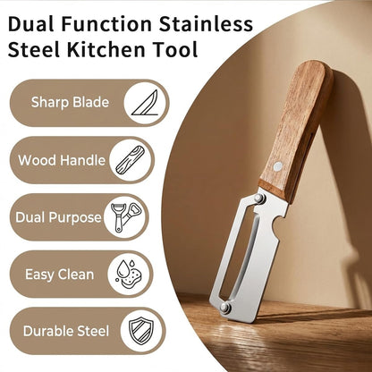 2 Pack Multifunctional Vegetable Peeler, 2-in-1 Kitchen Peeler with Bottle Opener, Sharp Stainless Steel Swivel Blade, Wooden Handle, for Potato, Carrot, Apple & Fruits