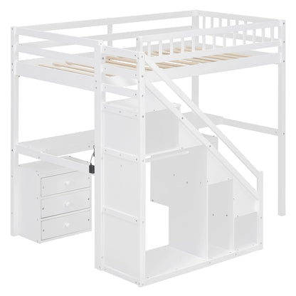Bellemave Twin Loft Bed with Stairs and Shelves, Wood Loft Bed with Two Chest of Drawers, Wardrobe, LED for Kids, Teens, Adults, White