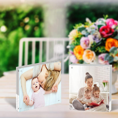ILYXY 2 Pack Acrylic Frame 6x6, 20% Thicker, 24mm Thick Frameless Clear Square Picture Frame, Double Sided Magnetic Photo Frame, Free Standing Desktop Display Stand Acrylic Picture Frames