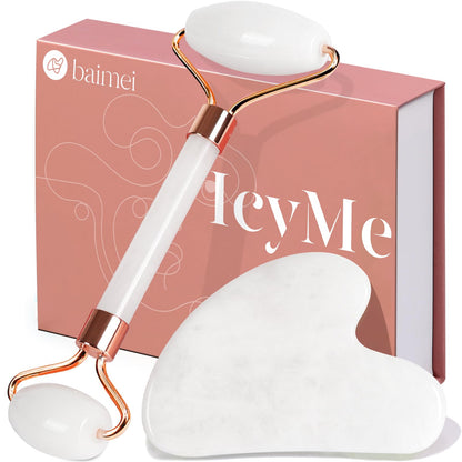 BAIMEI IcyMe Gua Sha & Jade Roller Facial Tools Face Roller and Gua Sha Set for Puffiness and Redness Reducing Skin Care Routine, Self Care Gift for Men Women - Green