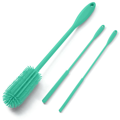 Purtribe 3-in-1 Silicone Bottle Brush and Straw Cleaning Brush Set, Water Bottle Cleaner for Narrow Neck Containers, Tumblers, Flask, Vase and Glassware (Teal)