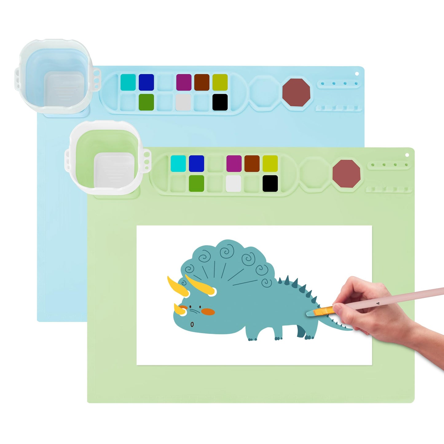 MEKOTRIN 2PCS Silicone Painting Mat, 20"X16" Art Mat with Cup and Palettes, Silicone Craft Mat has 16 Color Dividers, Paint Mat for Artist Clay DIY Creations(Blue+Green)