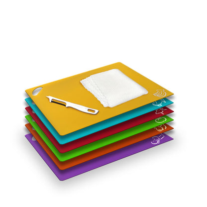 EMMANA - Plastic cutting board for kitchen. Set of 8 – 6 Color-Coded Flexible Plastic Mats with Food Icons + Peeler & Microfiber Towel – BPA-Free, Non-Slip Back, Dishwasher Safe, Durable & Non-Porous