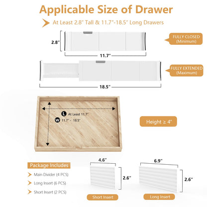 KABUM Upgrade Adjustable Drawer Divider Organizer Clothes Dresser Organizer,Expandable Organization for Home, Office,2.8" High Expandable from 11.7" to 18.5",4 Dividers with 6 Long and 2 Short Inserts