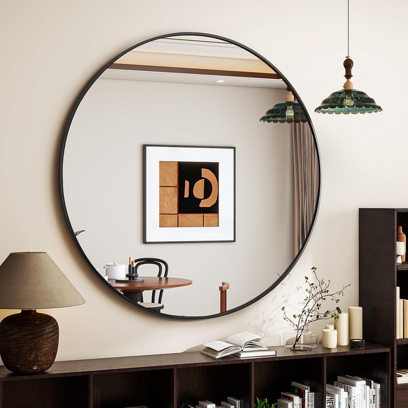 VETROVUE Black Round Mirror, 24 Inch Circle Bathroom Mirror with Metal Frame, Wall-Mounted for Entryway, Bathroom, Vanity, Living Room