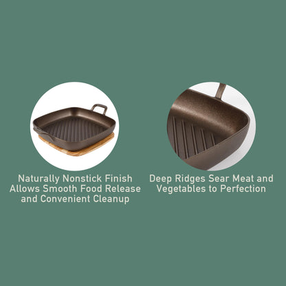 Bloomhouse - Two Time Oprah's Favorite Things Winner - Natural Bronze Finish 12" Square Cast Iron Grill Pan – Olive Oil Treated Surface w/Dual Handles & Olive Wood Trivet, Oven Grill Campfire Safe
