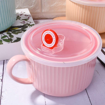 Microwavable Soup Bowl with Handle and Lid, 30.4 OZ Ceramic Cereal Mugs for Oat Instant Noodles (Pink)