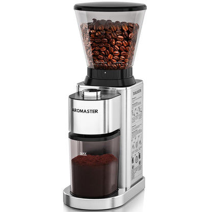 Aromaster Burr Coffee Grinder with 48 Gind Settings, Conical Coffee Bean Grinder for Home Use,Stainless Steel,40 Seconds Adjustable Timer,Anti-static,Easy to Clean with Brush