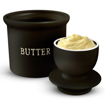 Kook Butter Crock with Lid, Soft Spreadable Butter, Ceramic French Butter Keeper to Leave On Counter with Water Line, Butter Dish, Home and Kitchen Decor, Perfect for Christmas Gift (Black)