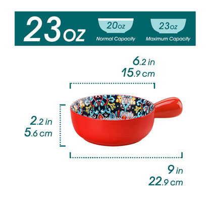 vancasso Soup Bowls with Handles, 23 Oz French Onion Soup Bowls Oven Safe, Bohemian Ceramic Soup Crocks for Cereal, Pasta, Beef Stew, Chilli, Microwave Dishwasher Safe-6.2 inch, Set of 4