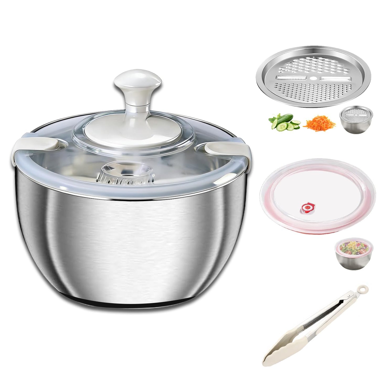 Large Salad Spinner with Storage Lid，5.29QT Stainless Steel Spin Dry Salad Greens Fruit Washing Bowl with Strainer Vegetable Cleaner washer Lettuce Spinner with slicer and julienne cutter