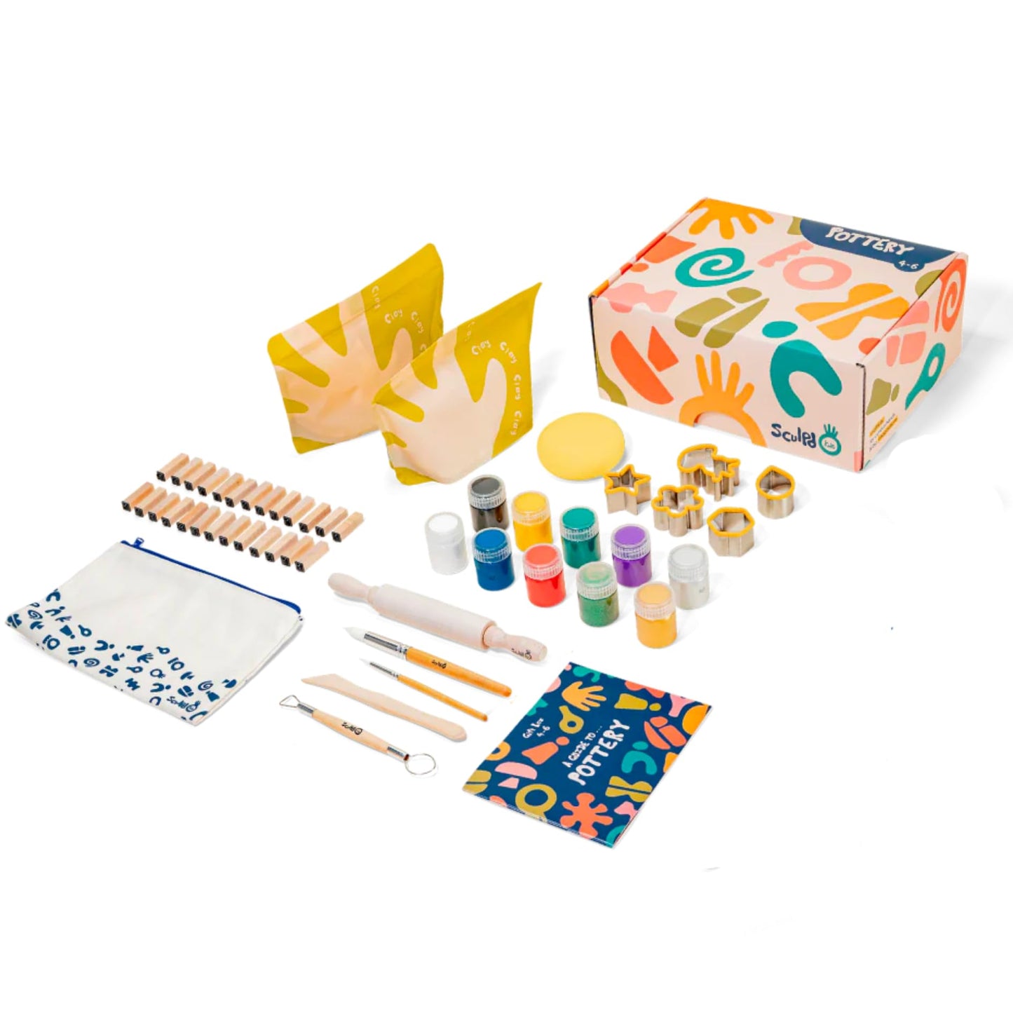 Sculpd - The Original Kids Pottery Kit, Air-Dry Clay Starter Kit for Kids Age 4 to 6, Air Dry Clay with 10 Colour Paint Set, Paintbrushes, Tool Set, Alphabet Stampers, Sponge and Step-by-Step Guide