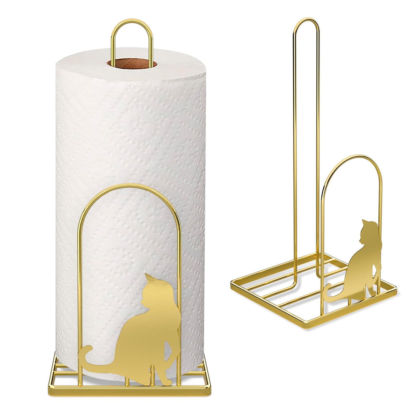 Megier Paper Towel Holder for Countertop, Kitchen Paper Towel Stand with Cat Pattern Decoration，Fit Standard Jumbo Roll in Dining Table or Bathroom, Toilet Paper Dispenser with Heavy Duty Base (Gold)