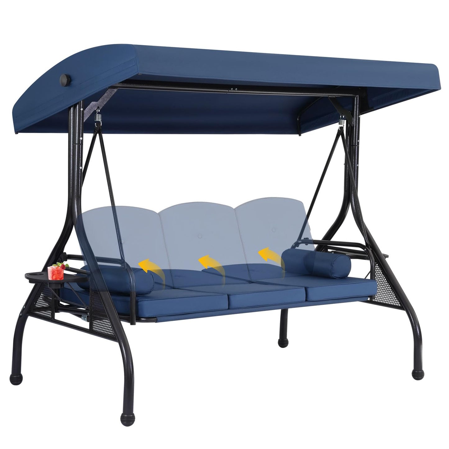 3 Seat Outdoor Porch Swing with Adjustable Canopy,2 in 1 Patio Swing Bed with Stand 800lbs for Adults,Outdoor Swing with Removable Cushion, Cup Holder ＆ Pillow for Backyard, Porch, Garden