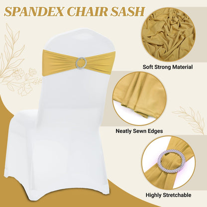 MDS Spandex Chair Sashes - Pack of 150 Elastic Stretch Bows with Buckle Slider for Wedding Decor | Gold