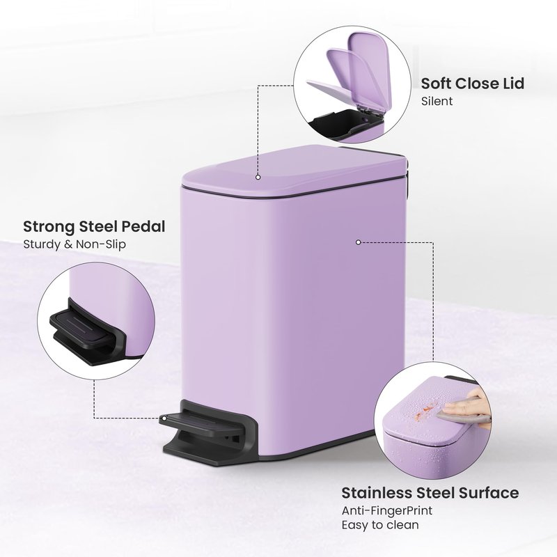 Cesun Small Bathroom Trash Can with Lid Soft Close, Step Pedal, 6 Liter / 1.6 Gallon Stainless Steel Garbage Can with Removable Inner Bucket, Anti-Fingerprint Finish (Purple)