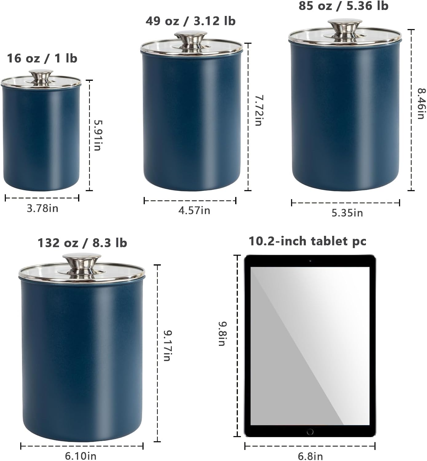 Set 4-Piece, 16/49/85/132 Counter malmo Stainless Steel Food Canister of Ounces,Airtight Containers with Glass Lid