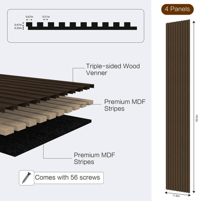 RODENET Soundproof 3D Slat Wall Panels 4-PACK 94.5"x11.8" MDF Acoustic Panels with Realistic Wood Grain for Noise Reducing Decor(DARK WALNUT)