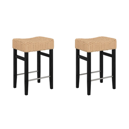Nathan James Harvey Rattan Bar Stool, Bohemian Counter Height Stool with Woven Seagrass Seat, Solid Wood Legs, and Metal Footrest Seagrass/Brushed Black, Set of 2