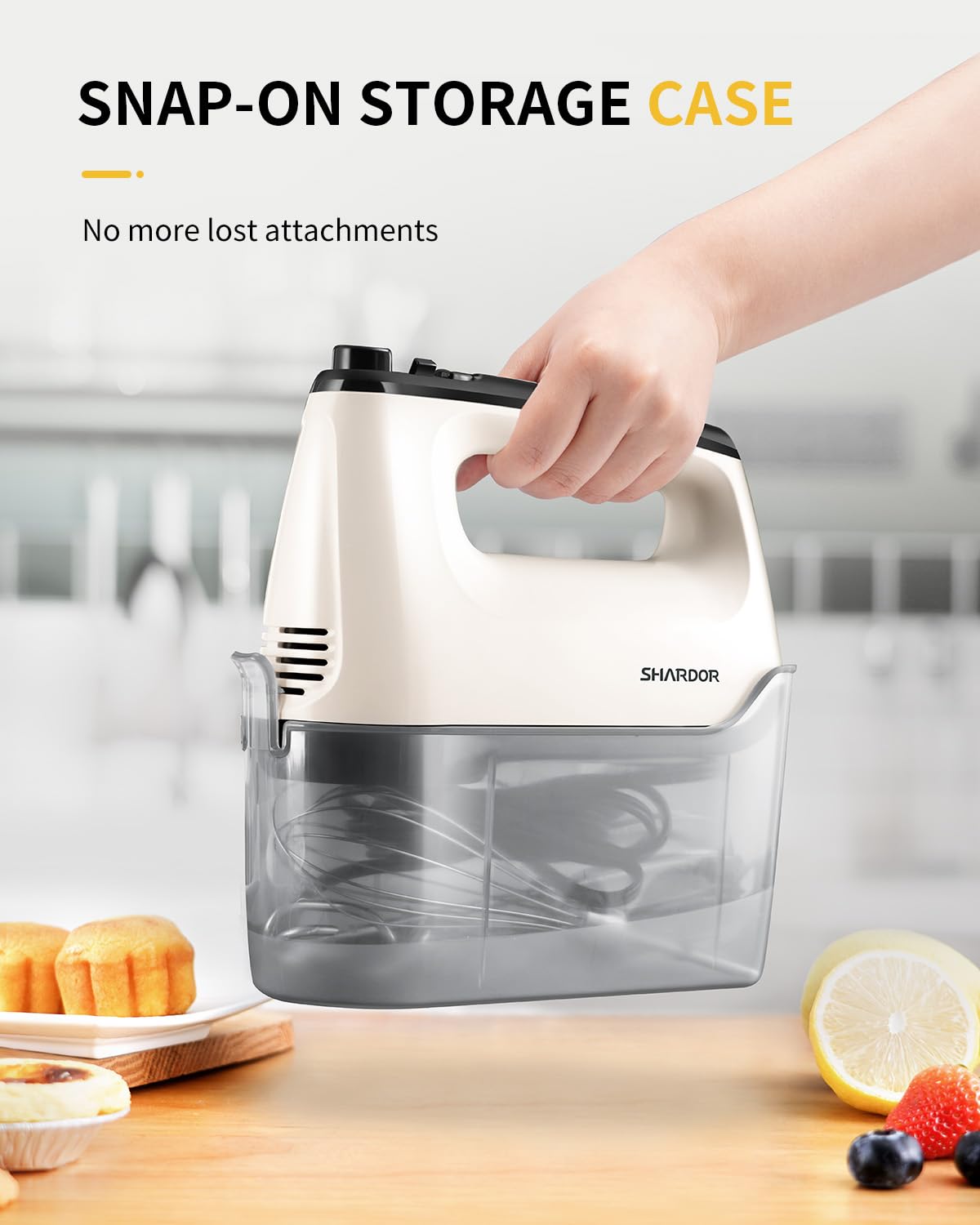 SHARDOR Hand Mixer Electric, 6 Speed & Turbo Mixer Electric Handheld, Snap-On Storage Case,5 Stainless Steel Accessories for Whipping, Mixing Cookies, Brownie, Cakes, Dough Batters, White