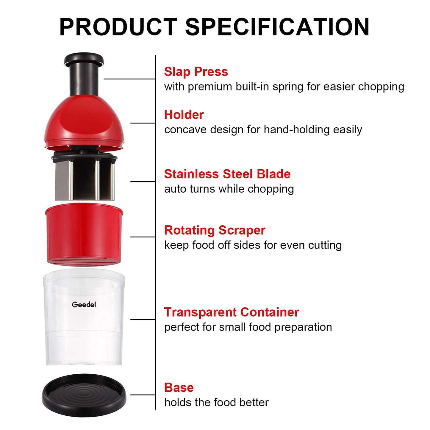 Geedel Food Chopper, Easy to Clean Manual Hand Vegetable Chopper, Dishwasher Safe Slap Onion Cutter for Veggies Onions Garlic Nuts Salads Red