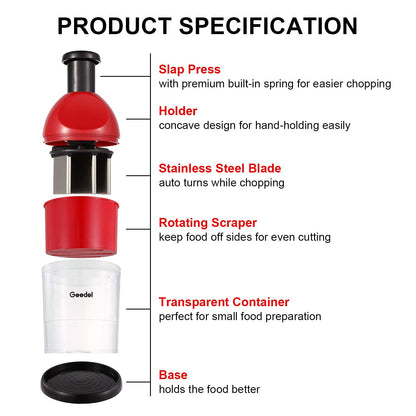 Geedel Food Chopper, Easy to Clean Manual Hand Vegetable Chopper, Dishwasher Safe Slap Onion Cutter for Veggies Onions Garlic Nuts Salads Red
