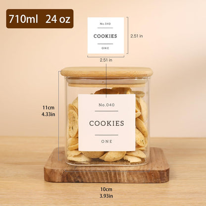 6 Pack Square Glass Pantry Storage Containers with 132 Kitchen Food Pantry Labels - 24 floz Clear Glass Pantry Jars with Airtight Wood Bamboo Lids - Glass Canisters for Sugar, Cereal, Coffee, Spice