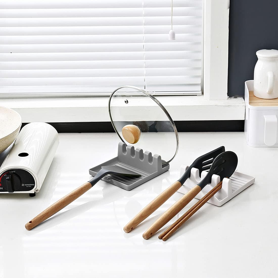 Kitchen Utensil Rest - Heat-Resistant Spoon Holder for Spoons, Ladles, Tongs & More - 2 Pack (White & Grey)