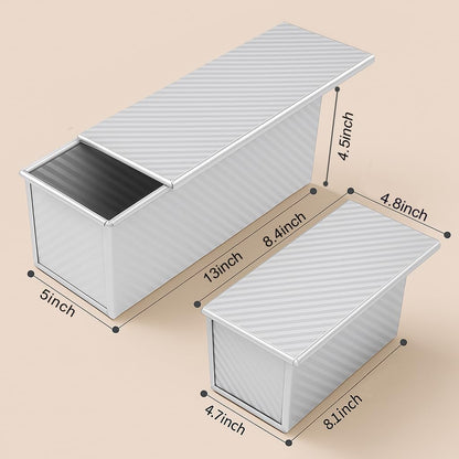 Logario 2-Pack Pullman Loaf Pan with Lid –Includes Two Size 13 by 5 & 8.4 by 4.8 Loaf Pan, Silver Textured Finish, Vented Bottom, Nonstick Bread Pan Set, Ideal for Sandwich Bread, Toast, Sourdough