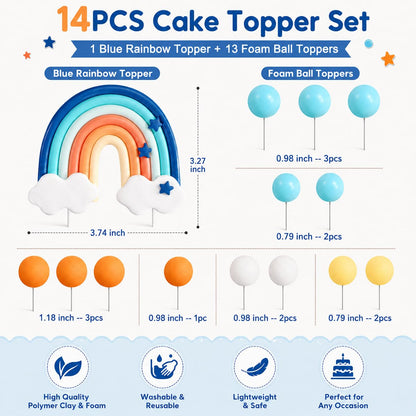 Blue Rainbow Cake Toppers, Qoadwem 14pcs Blue Rainbow Cake Toppers With Orange White Balls For Dog Birthday Cake Decorations Baby Shower Party Supplies
