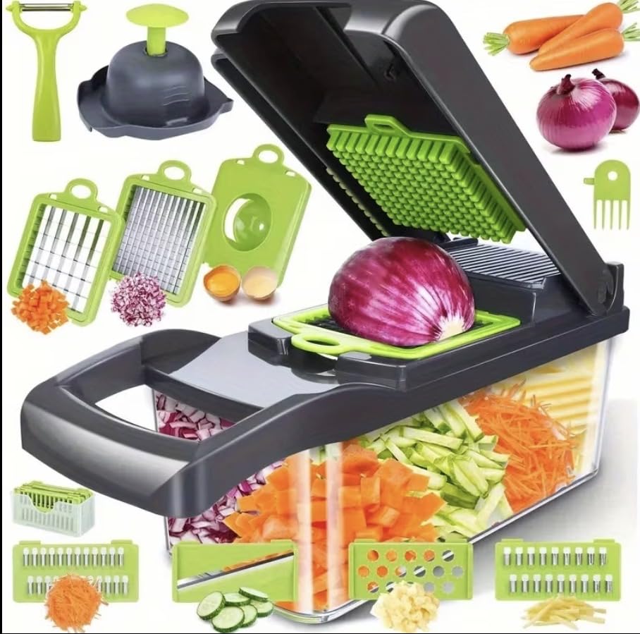 14 in 1 Vegetable Chopper Dicer with Container, Mandoline Slicer, Cheese Grater, Cabbage Shredder, French Fry Cutter, Stainless Steel Manual Hand Kitchen Gadget for Onion Potato Fruit