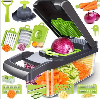 14 in 1 Vegetable Chopper Dicer with Container, Mandoline Slicer, Cheese Grater, Cabbage Shredder, French Fry Cutter, Stainless Steel Manual Hand Kitchen Gadget for Onion Potato Fruit
