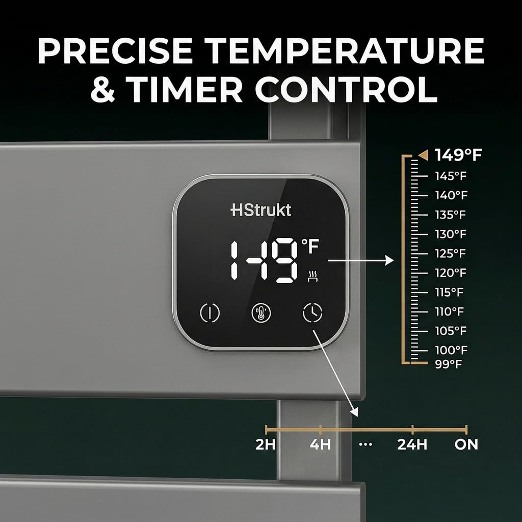 HSTRUKT Electric Towel Warmer, Heated Towel Rack with Thermo Control and Timer, Fast Heating Towel Rail for Bathroom with Memroy Function, Work with Smart Plug, Right-Wiring, 3 Panel, Gun Gray