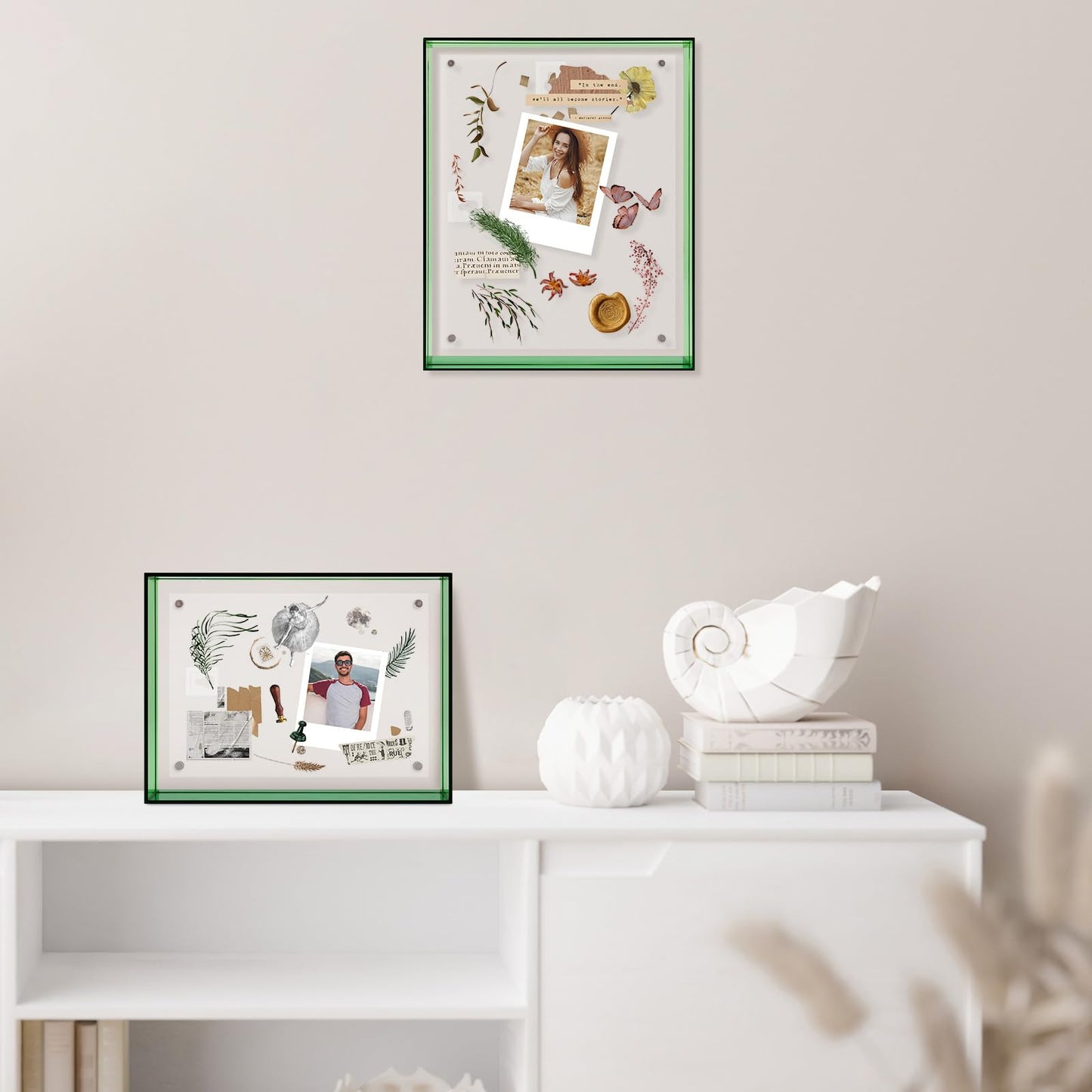 5x7 Acrylic Picture Frame Green - Clear Floating Photo Frames for 5 x 7 Inches Art Print - Individual for Tabletop Display - With Hangers for Wall Mount Horizontal or Vertical - 1 Pack