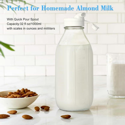 2 Pack Glass Milk Bottle with 2 Dispenser Caps, 100% Airtight Heavy Duty Screw Lid. 32 Oz Reusable Glass Water Jug with 3 Lids! Breast Milk Pitcher, Buttermilk, Nut, Juice, Syrup, Coffee Creamer