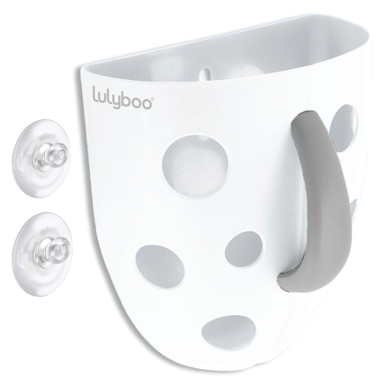 Lulyboo Baby Bath Toy Holder with No-Slip Suction Cups, BPA-Free Drainage Bin, Easy Clean Wall Organizer, White & Grey, Keeps Bathroom Clutter-Free & Safe for Kids