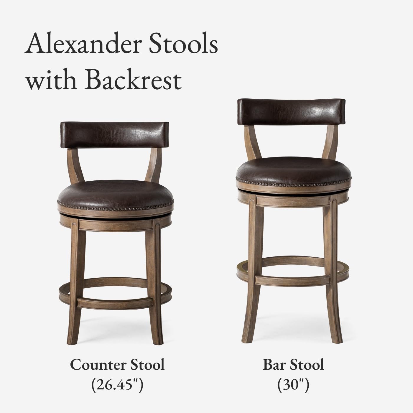 Maven Lane Alexander Counter Stool 26 Inches – Swivel Stool with Footrest – Brown Solid Wood and Brown Faux Leather Upholstery – Perfect for Kitchen Island and Counter