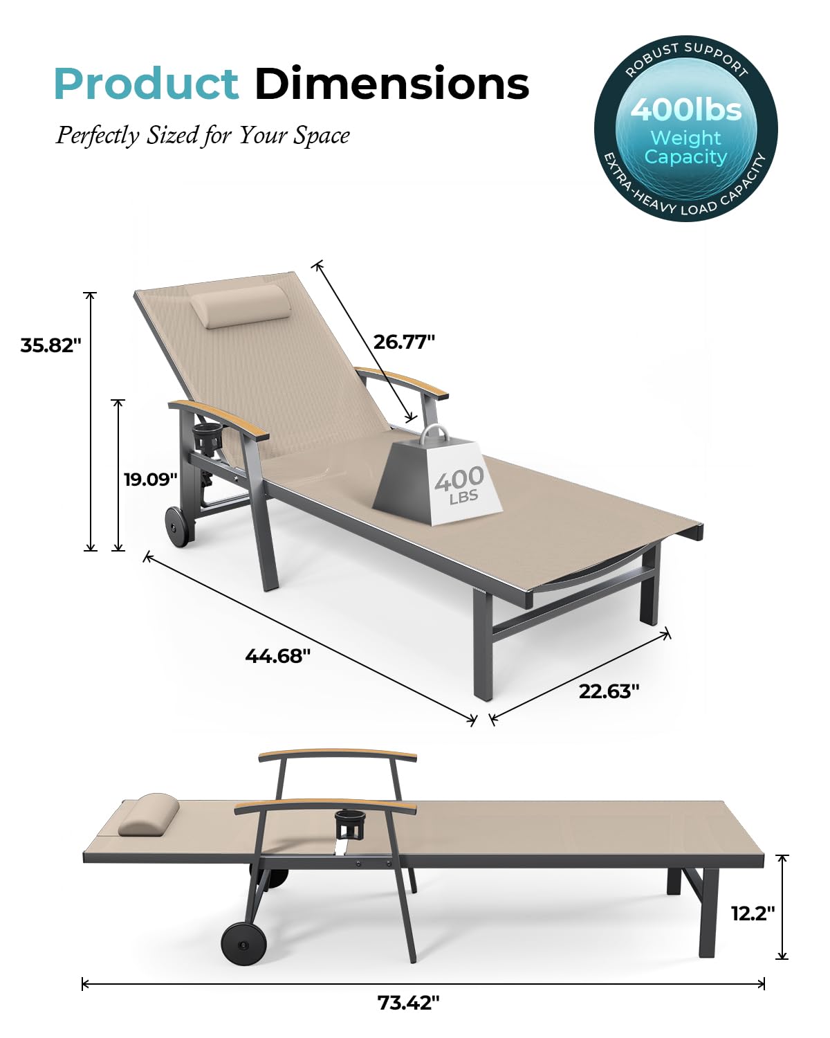 Ciokea Outdoor Lounge Chair with Pillow Set of 2, 5-Position Aluminum Chaise Lounge with Wheels & Armrests, 400 lbs Heavy Duty Patio Pool Chair for Backyard, Deck, Beach & Poolside, Khaki