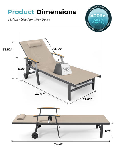 Ciokea Outdoor Lounge Chair with Pillow Set of 2, 5-Position Aluminum Chaise Lounge with Wheels & Armrests, 400 lbs Heavy Duty Patio Pool Chair for Backyard, Deck, Beach & Poolside, Khaki