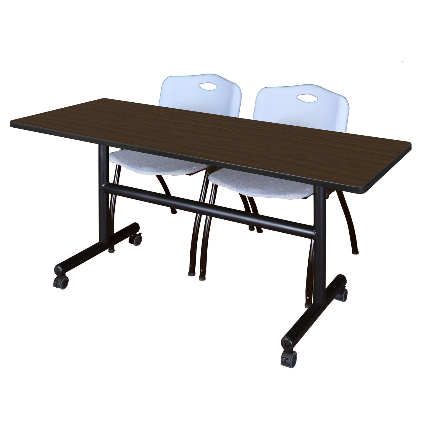 Regency Kobe 60 x 24 in. Flip-Top Training Nesting Table- Neo Walnut, 2 M Stack Chairs- Grey