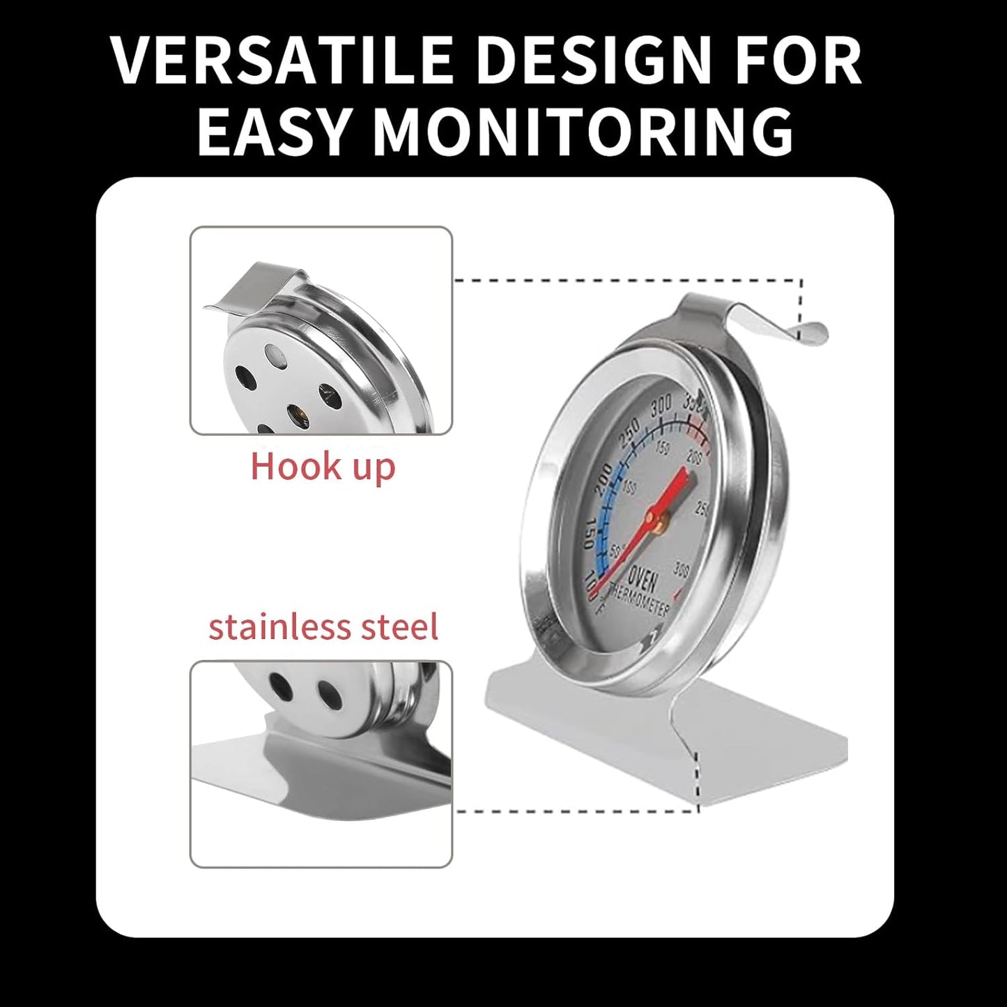 Large Dial Hanging Oven Thermometer - Accurate Temperature Gauge for Gas Electric Oven, Stainless Steel