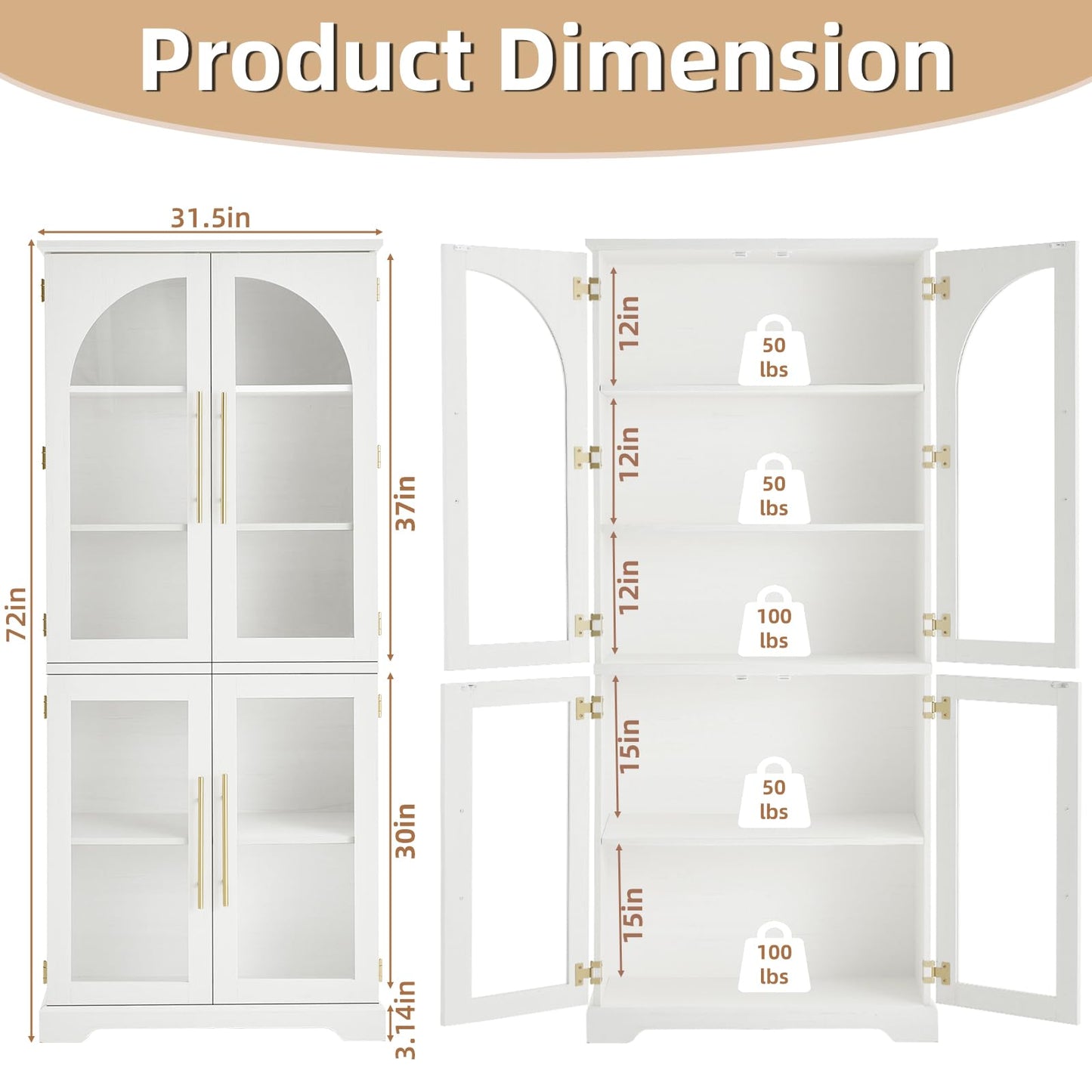 Joaxswe 72" Tall Bookshelf with 4 Curved Glass Doors, Farmhouse Bookcase with 3-Tier Adjustable Shelves, Modern Living Room Display Cabinet, Large Storage Cabinet for Home Office,Dining Room, White