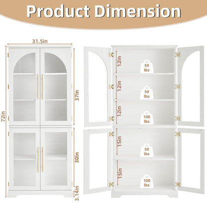 Joaxswe 72" Tall Bookshelf with 4 Curved Glass Doors, Farmhouse Bookcase with 3-Tier Adjustable Shelves, Modern Living Room Display Cabinet, Large Storage Cabinet for Home Office,Dining Room, White