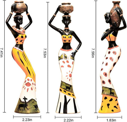 Rayberro 3 Pack African Women Sculpture, 7.5" Exotic Tribal Lady Figurine, Vintage Collectible Art