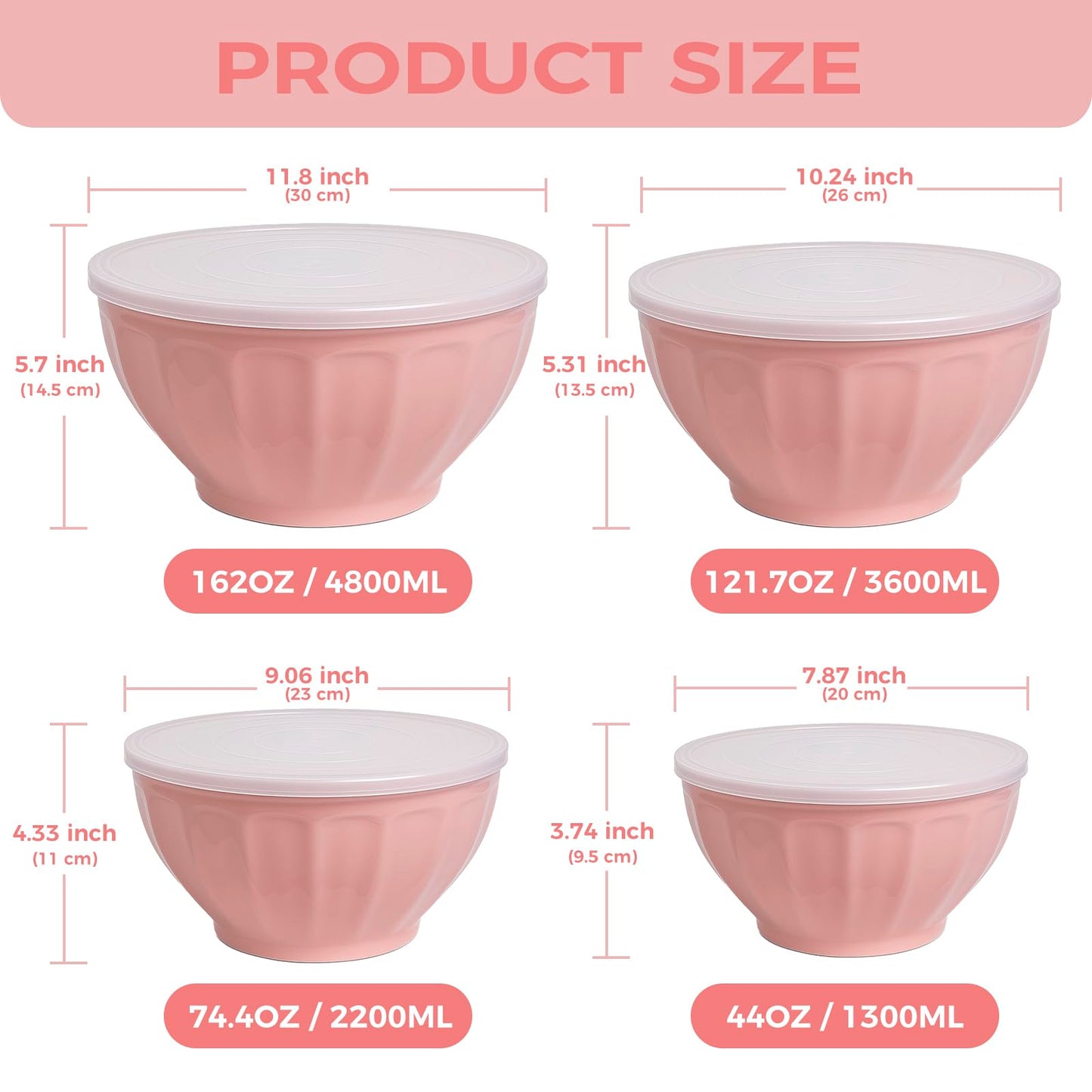 BoxedHome Mixing Bowls with Lids Set, 4PK Large 0.2” Thick Plastic Nesting Mixing Bowl, Microwave Safe,Size 1.37,2.32,3.8 and 5.07qt, Pink