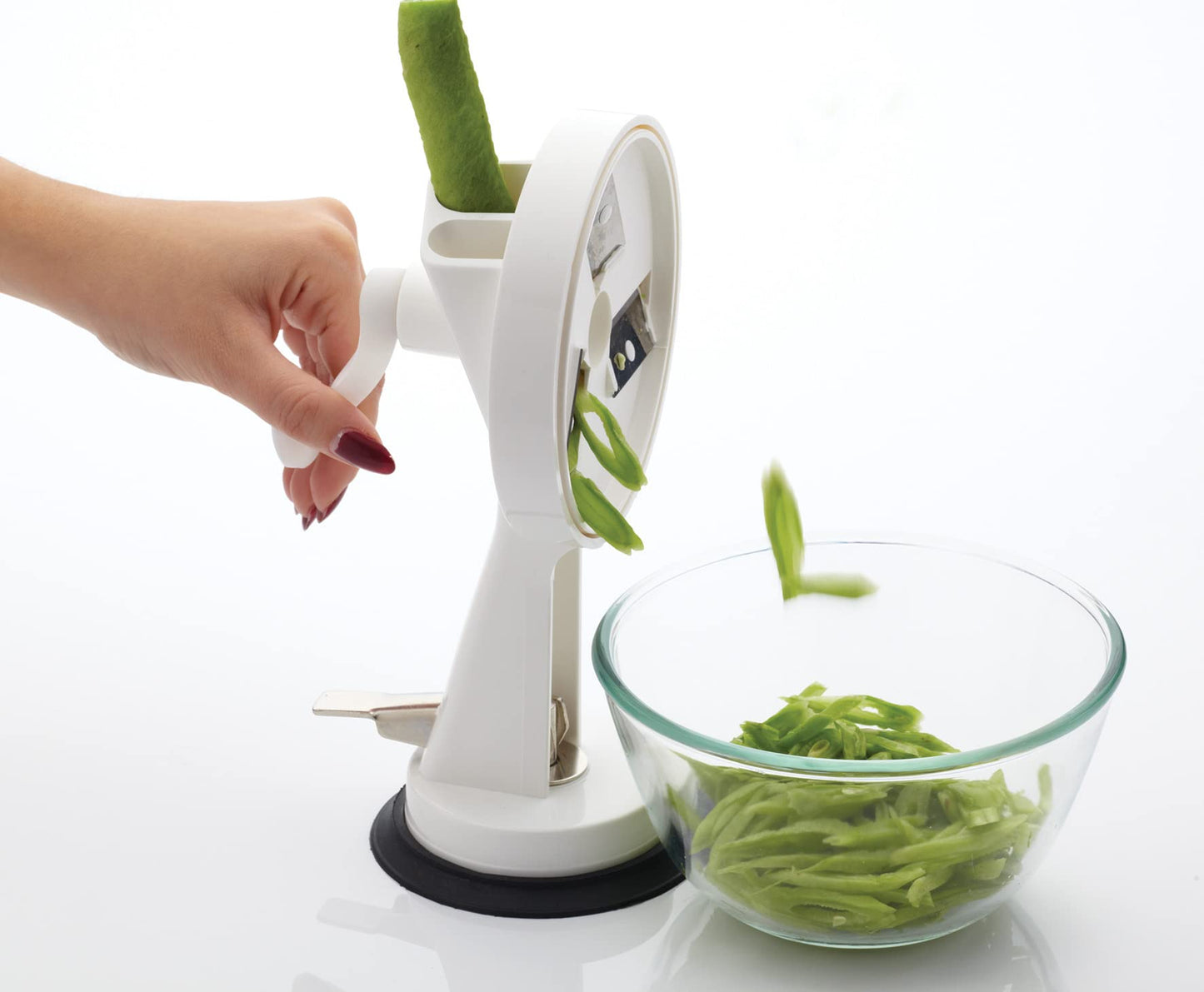 KitchenCraft Rotary Runner Bean Slicer 23cm with Suction Pad in Gift Box, Stainless Steel & plastic, White/Black