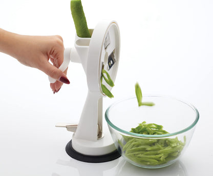 KitchenCraft Rotary Runner Bean Slicer 23cm with Suction Pad in Gift Box, Stainless Steel & plastic, White/Black