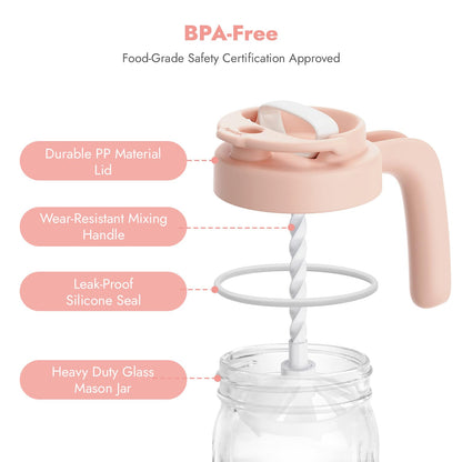 Papablic Glass Formula Pitcher, Fast Baby Breastmilk Maker with Mixing Handle Lid, Wide Mouth Mason Jar Breast Milk Storage Container with Flip-Lock Spout, BPA-Free, Pink